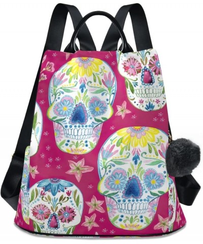 Day Dead Skull on Pink Anti Theft Backpack Purse for Women Fashion Travel Bags with Pompom Skull Flowers Day Dead Pink $18.03...