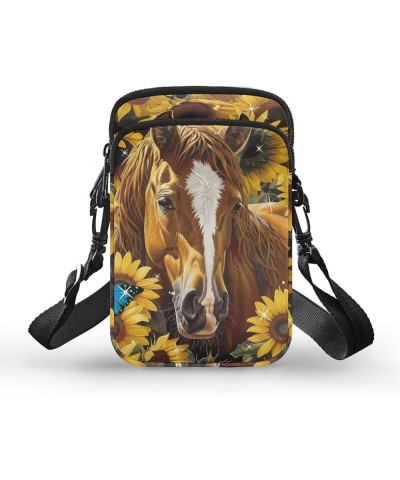 Crossbody Messenger Bag for Women Cell Phone Purse with Double Pockets for Travel Sports Horse With Sunflowers $12.97 Crossbo...