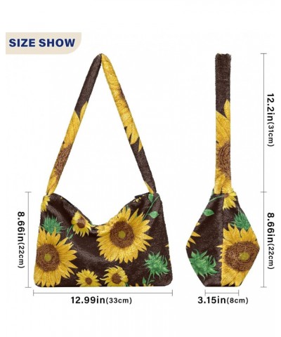 Sunflower Black Background Fluffy Crossbody Bag Furry Tote Bags for Women Fuzzy Purse Handbag Lady Shoulder Bag Large Plush B...