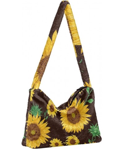 Sunflower Black Background Fluffy Crossbody Bag Furry Tote Bags for Women Fuzzy Purse Handbag Lady Shoulder Bag Large Plush B...