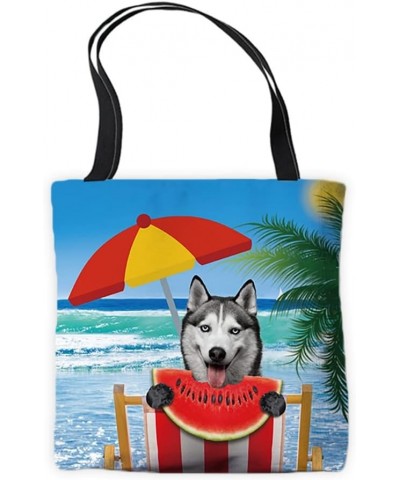 Summer Watermelon Canvas Tote Bags Cute Peeking Dog Husky Funny Puppy Palm Tree Parasol Beach Chair Vocation Handbags Husky 2...