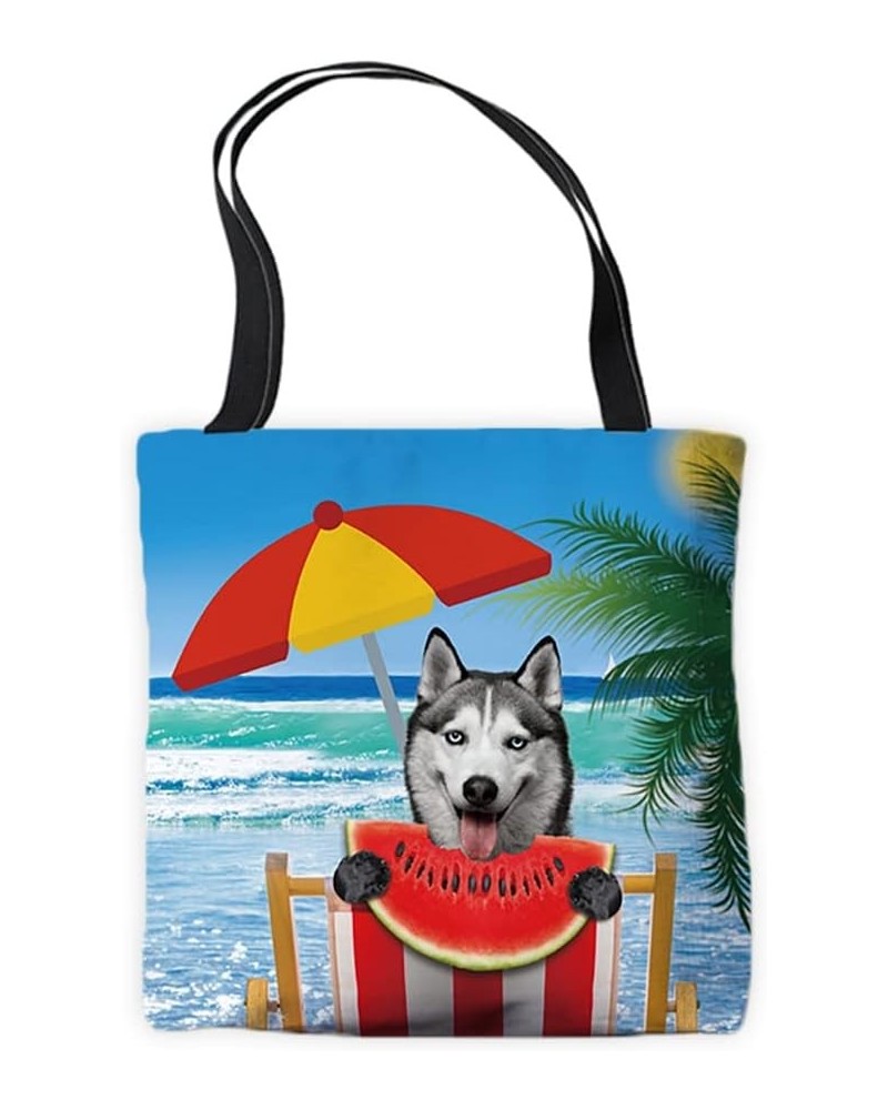 Summer Watermelon Canvas Tote Bags Cute Peeking Dog Husky Funny Puppy Palm Tree Parasol Beach Chair Vocation Handbags Husky 2...