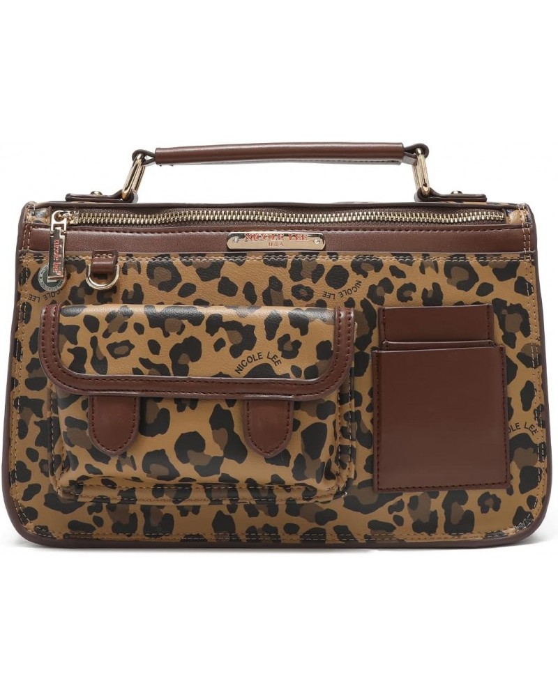 Lola Leopard Print Brown/Black Top Handle Handbag, Medium Vegan Leather Bag with Multiple Compartments $49.82 Handbags