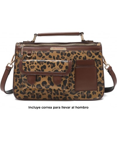 Lola Leopard Print Brown/Black Top Handle Handbag, Medium Vegan Leather Bag with Multiple Compartments $49.82 Handbags