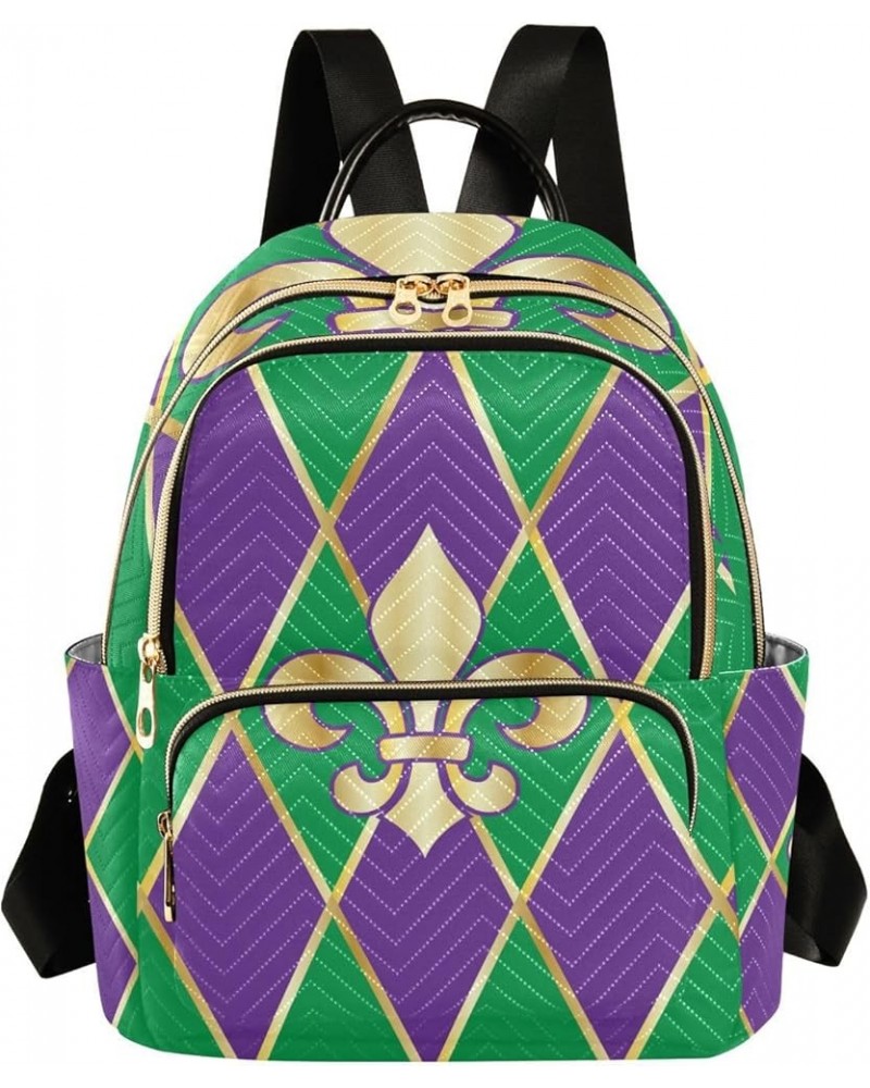 Mardi Gras Women Backpack Purple Green Zigzag Golden Fleur De Lis Anti-Theft Travel Backpack with Luggage Belt Durable Handba...