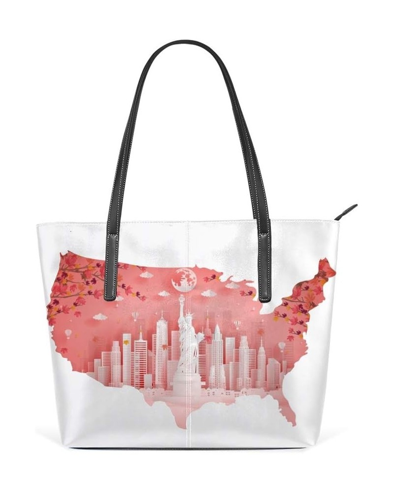 Women Handbag Microfiber Leather Large capacity money bag 40 x 29 x 9cm ﻿USA Map with Statue of Liberty on Pink Background $2...