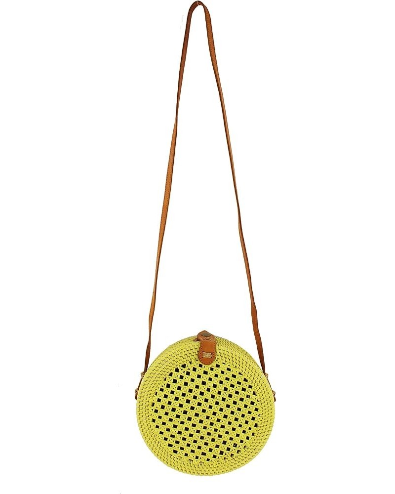 Rattan Circle Crossbody Bag Handmade in Bali With Leather Straps Yellow $24.72 Crossbody Bags