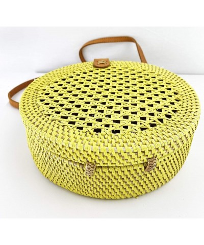 Rattan Circle Crossbody Bag Handmade in Bali With Leather Straps Yellow $24.72 Crossbody Bags