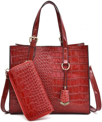 Women's Retro Crocodile Pattern PU Two-piece Set Portable Zipper Handbag (black) Dark Red $32.13 Handbags