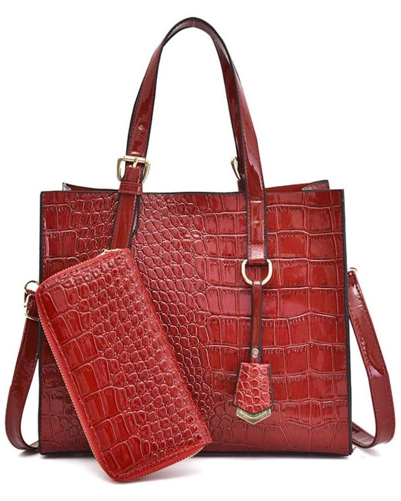 Women's Retro Crocodile Pattern PU Two-piece Set Portable Zipper Handbag (black) Dark Red $32.13 Handbags