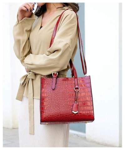 Women's Retro Crocodile Pattern PU Two-piece Set Portable Zipper Handbag (black) Dark Red $32.13 Handbags