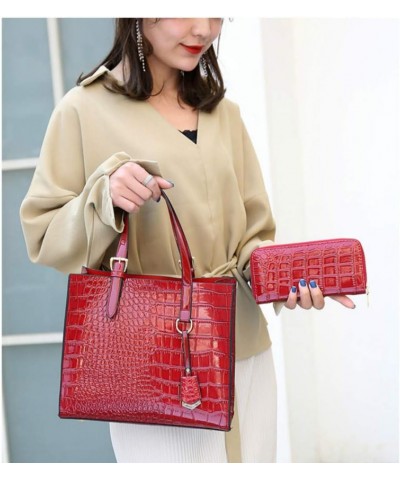 Women's Retro Crocodile Pattern PU Two-piece Set Portable Zipper Handbag (black) Dark Red $32.13 Handbags