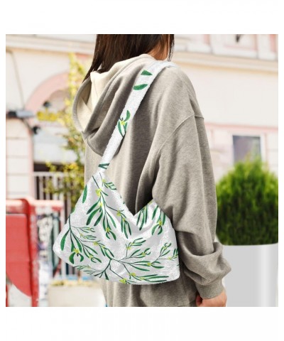 Watercolor Mistletoe Pattern Plush Underarm Bag Women's Tote Handbags Fluffy Shoulder Bag for Autumn and Winter $9.60 Totes