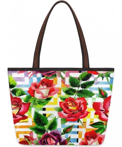 Floral Rose Colorful Geometric Large Tote Bag For Women Shoulder Handbags with Zippper Top Handle Satchel Bags for Shopping T...