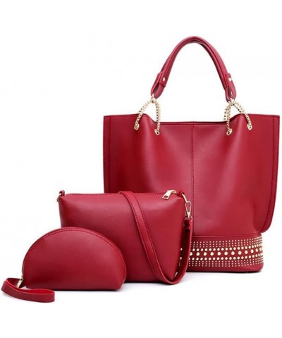 Women Soft Synthetic PU Leather 3pcs Satchel Crossbody Rivet Top-Handle Handbags Shoulder Clutches Purse-Beige Red $35.99 Totes