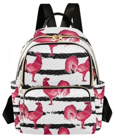 Women Backpack Pink Rooster Black Stripes Anti-Theft Travel Backpack with Luggage Belt Lightweight Handbag Lady Purse Roomy D...