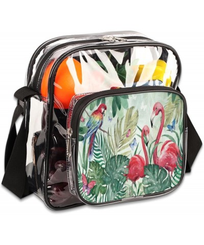 Flamingo Tree Stadium-Approved Clear Crossbody Bag with Colorful Print Design Flamingos Parrots $11.33 Crossbody Bags