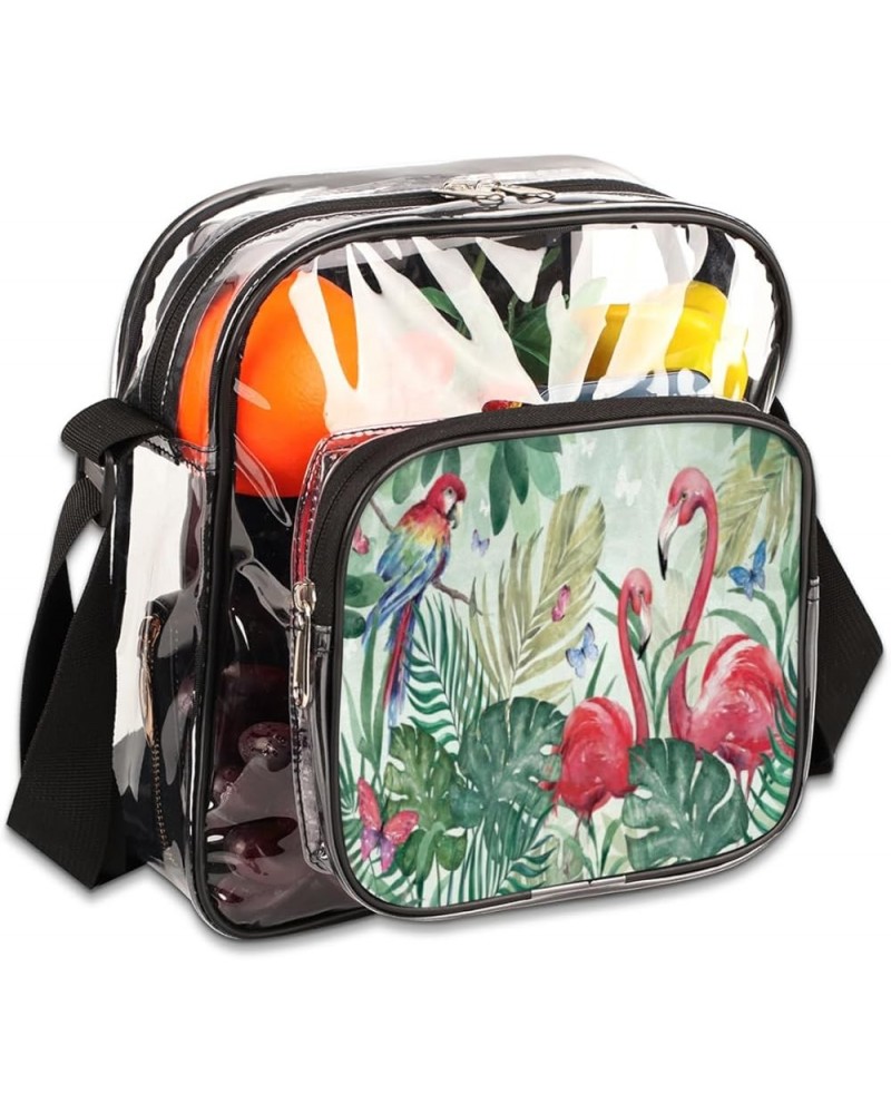 Flamingo Tree Stadium-Approved Clear Crossbody Bag with Colorful Print Design Flamingos Parrots $11.33 Crossbody Bags