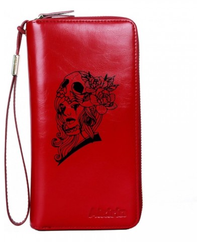 Women Painting Wallet Genuine Leather RFID Large Capacity Zipper Lady Clutch Cards Holder Phone Bags (red-rose) red-skeleton ...