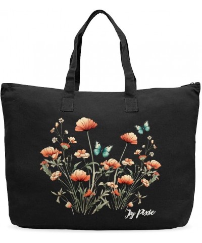 Flowers and Butterflies Cotton Canvas Bag - Beautiful Tote Bags - Flower Print Tote Bags Black $15.99 Totes