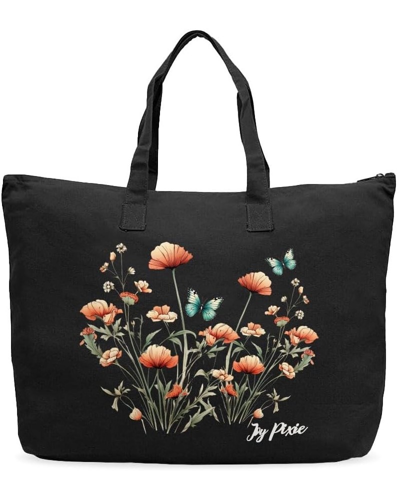 Flowers and Butterflies Cotton Canvas Bag - Beautiful Tote Bags - Flower Print Tote Bags Black $15.99 Totes