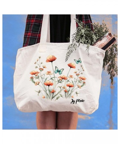 Flowers and Butterflies Cotton Canvas Bag - Beautiful Tote Bags - Flower Print Tote Bags Black $15.99 Totes