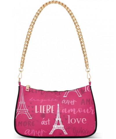 Romantic Eiffel Tower Pink Shoulder Handbags for Women Travel Hobo Tote Handbag Women Gold Chain Shoulder Bags Purse with Zip...