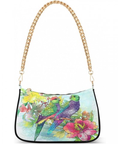 Women Chain Shoulder Purse Bag With Zipper Parrots Flowers Watercolor Print, Spring Birds Hobo Tote Clutch Handbags with Chai...