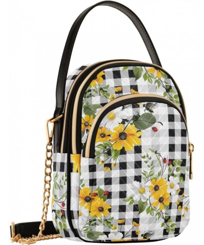 Black Grid Flower Women's Crossbody Handbags with Zipper, Casual Leather Cell Phone Purse Crossbody Bags for Ladies $13.25 Cr...