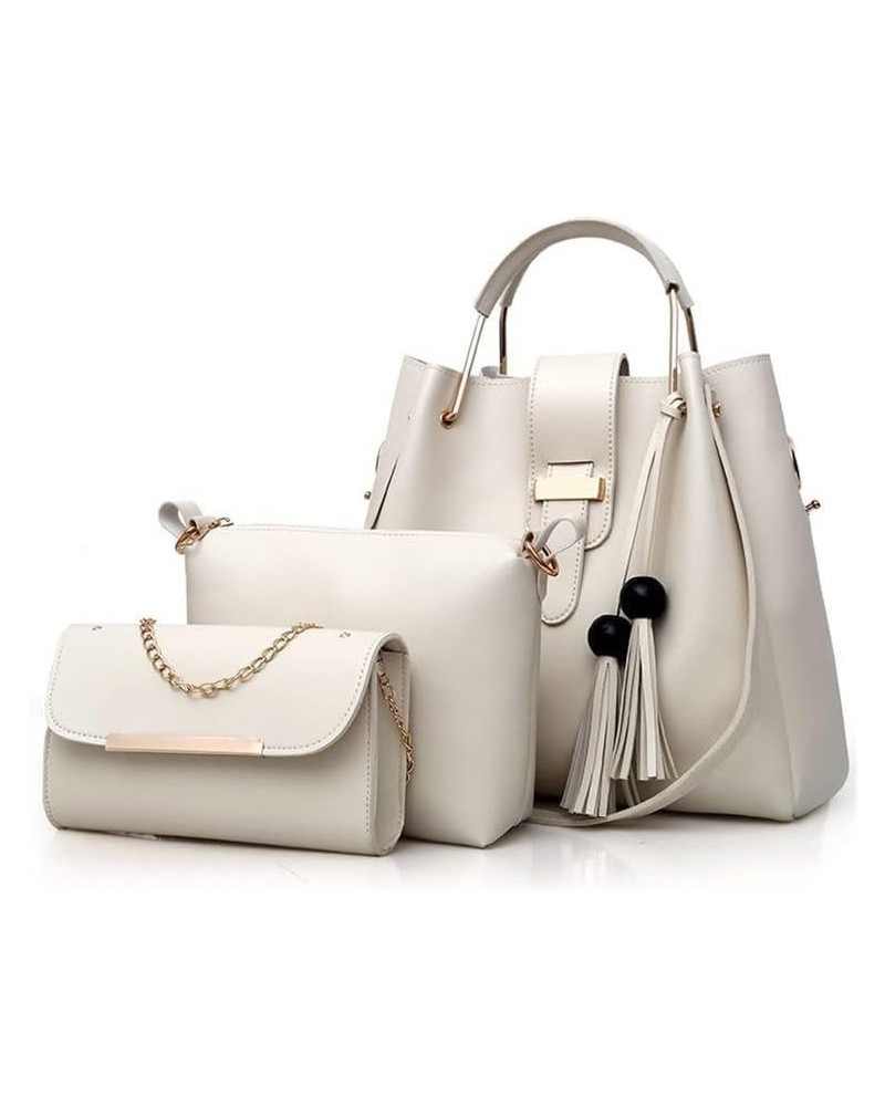 Women Fashion Synthetic Leather Handbags Tote Bag Shoulder Bag Top Handle Satchel Purse Set 3pcs Ivory $17.81 Satchels