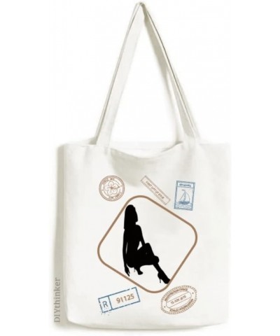 Hot Woman Squats Outline Stamp Shopping Ecofriendly Storage Canvas Tote Bag $17.35 Totes