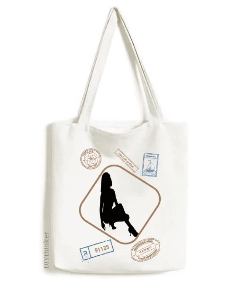 Hot Woman Squats Outline Stamp Shopping Ecofriendly Storage Canvas Tote Bag $17.35 Totes