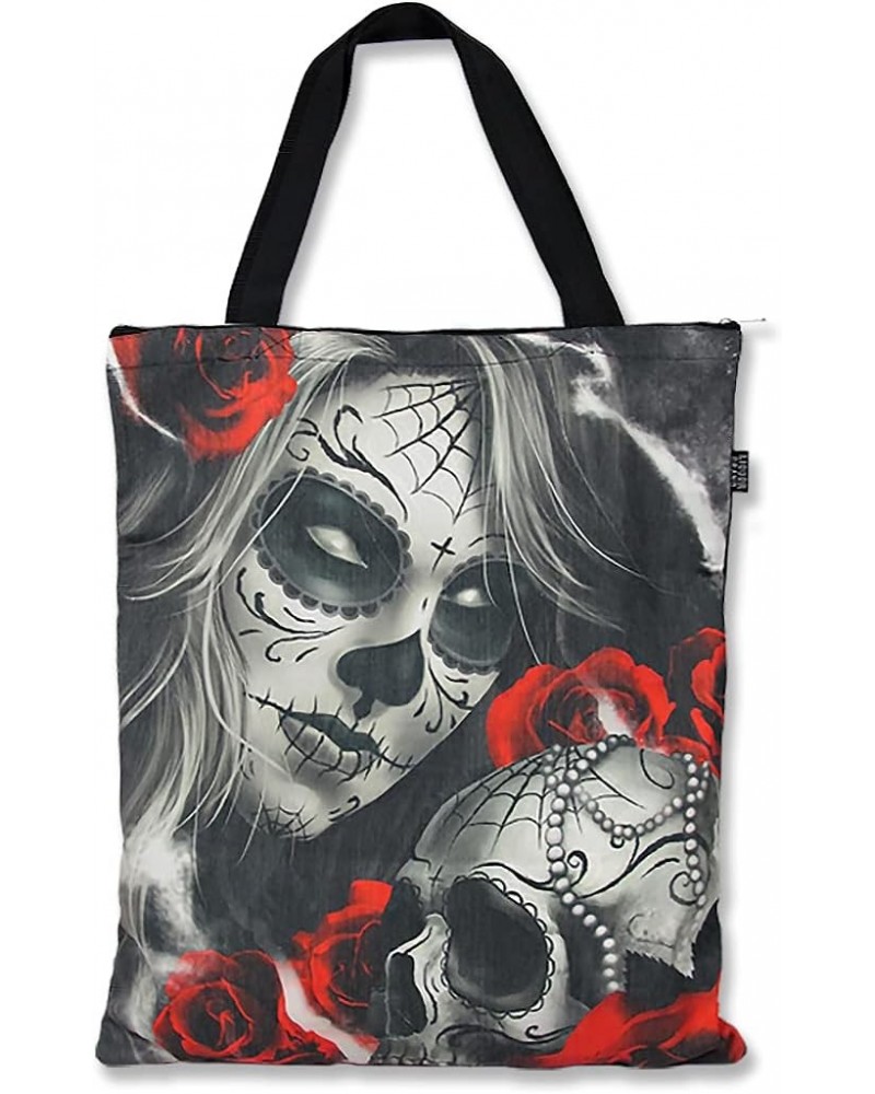 Eternal Bliss Sugar Skull Tattoo Woman and Rose Tote Bag 17 x 18 Canvas Shopping Shopper with Zipper $11.63 Totes