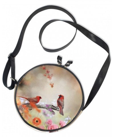 Cardinals Bird Garden Flower Crossbody Bag Small Canvas Shoulder Round Bag for Women $11.39 Shoulder Bags