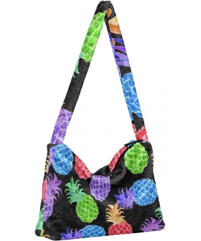 Colored Pineapple Furry Tote Bag for Women Crossbody Bag Shoulder Handbag Puffer Tote with Zipper for Men $9.66 Totes