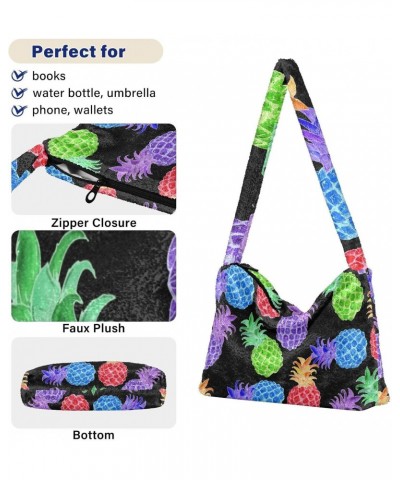 Colored Pineapple Furry Tote Bag for Women Crossbody Bag Shoulder Handbag Puffer Tote with Zipper for Men $9.66 Totes