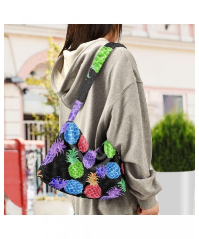 Colored Pineapple Furry Tote Bag for Women Crossbody Bag Shoulder Handbag Puffer Tote with Zipper for Men $9.66 Totes