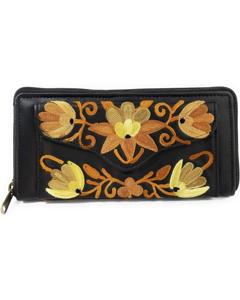 Kashmiri Embroidered leather clutch purse, chain stitch, 7 pockets Black 3 $18.70 Clutches