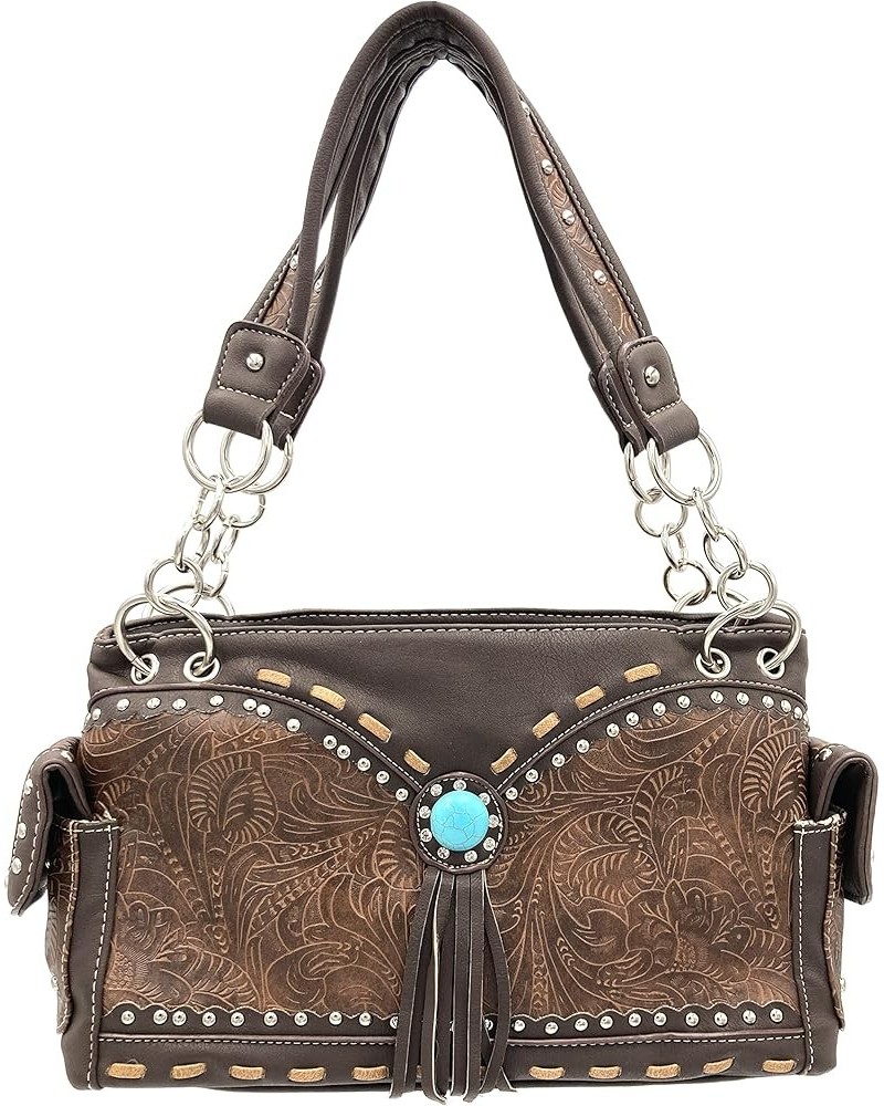 Tooled Western Leather Turquoise Stone Fringe Studded Shoulder Concealed Carry Handbag Purse Brown $16.58 Shoulder Bags