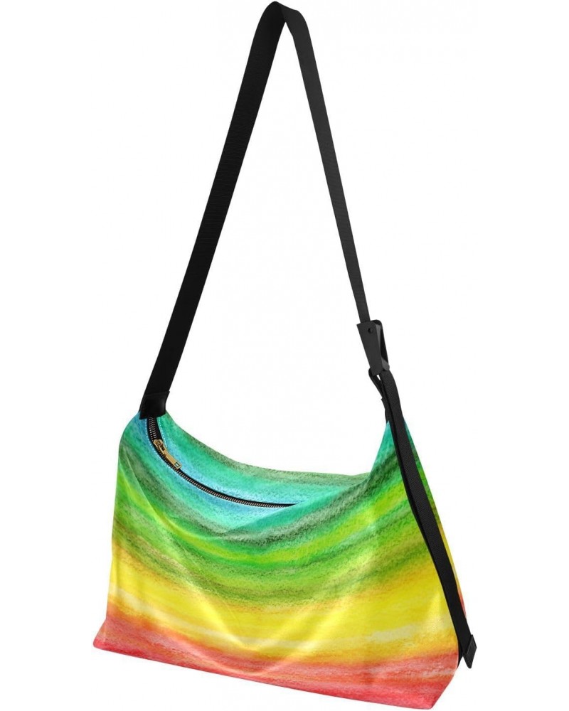 Women Boho Bag Horizontal Lines Blurry Rainbow Shoulder Bag PU Leather Pouch Crossbody Bag Large Tote Handbag For Quick Getaw...