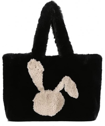 Women Cute Bunny Ears Plush Shoulder Bag Soft Rabbit Purse Cartoon Animal Tote Bag A Black $16.19 Shoulder Bags