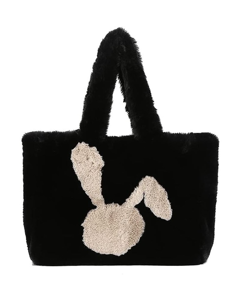 Women Cute Bunny Ears Plush Shoulder Bag Soft Rabbit Purse Cartoon Animal Tote Bag A Black $16.19 Shoulder Bags