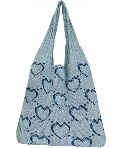 Women Crochet Shoulder Bag Cute Heart Knit Tote Bag Crochet Tote Bag Y2k Tote Bag Aesthetic Beach Bag Blue $6.23 Totes