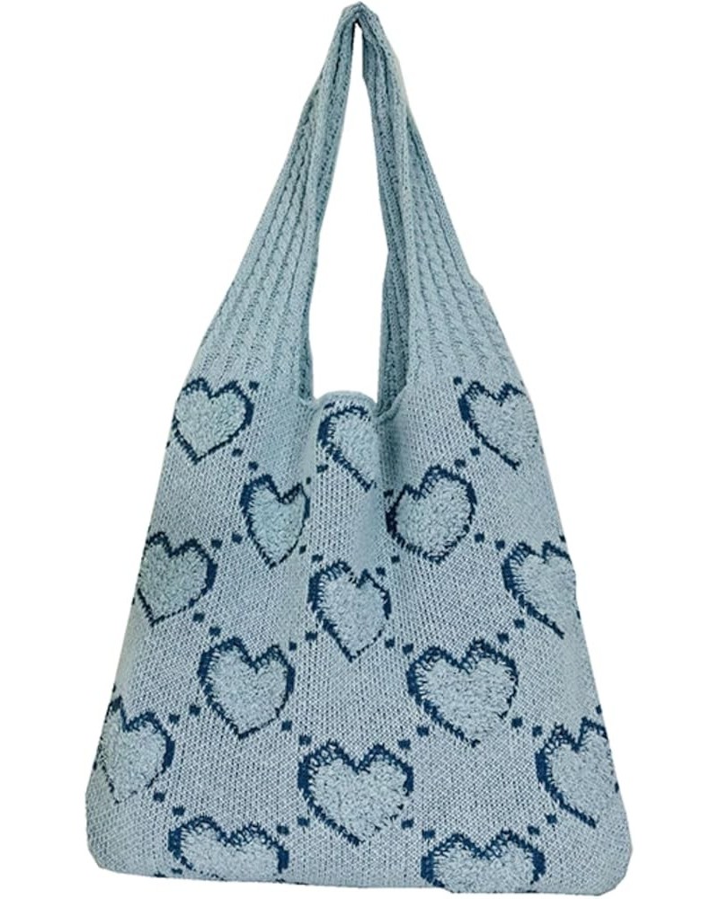 Women Crochet Shoulder Bag Cute Heart Knit Tote Bag Crochet Tote Bag Y2k Tote Bag Aesthetic Beach Bag Blue $6.23 Totes