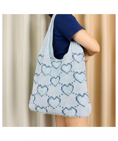 Women Crochet Shoulder Bag Cute Heart Knit Tote Bag Crochet Tote Bag Y2k Tote Bag Aesthetic Beach Bag Blue $6.23 Totes