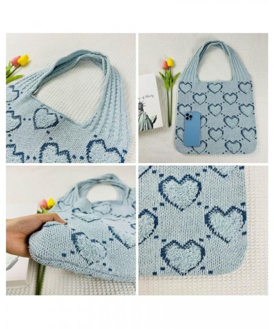 Women Crochet Shoulder Bag Cute Heart Knit Tote Bag Crochet Tote Bag Y2k Tote Bag Aesthetic Beach Bag Blue $6.23 Totes