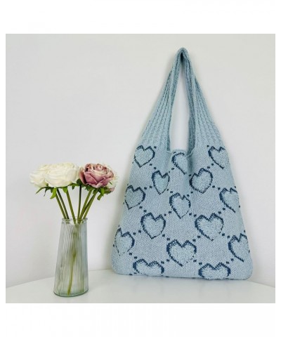 Women Crochet Shoulder Bag Cute Heart Knit Tote Bag Crochet Tote Bag Y2k Tote Bag Aesthetic Beach Bag Blue $6.23 Totes