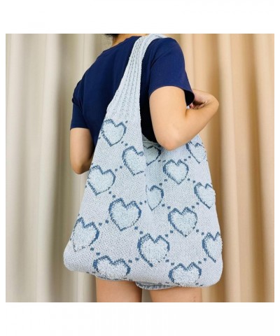 Women Crochet Shoulder Bag Cute Heart Knit Tote Bag Crochet Tote Bag Y2k Tote Bag Aesthetic Beach Bag Blue $6.23 Totes