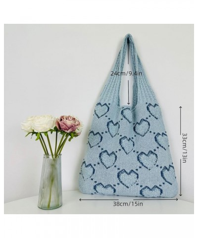 Women Crochet Shoulder Bag Cute Heart Knit Tote Bag Crochet Tote Bag Y2k Tote Bag Aesthetic Beach Bag Blue $6.23 Totes