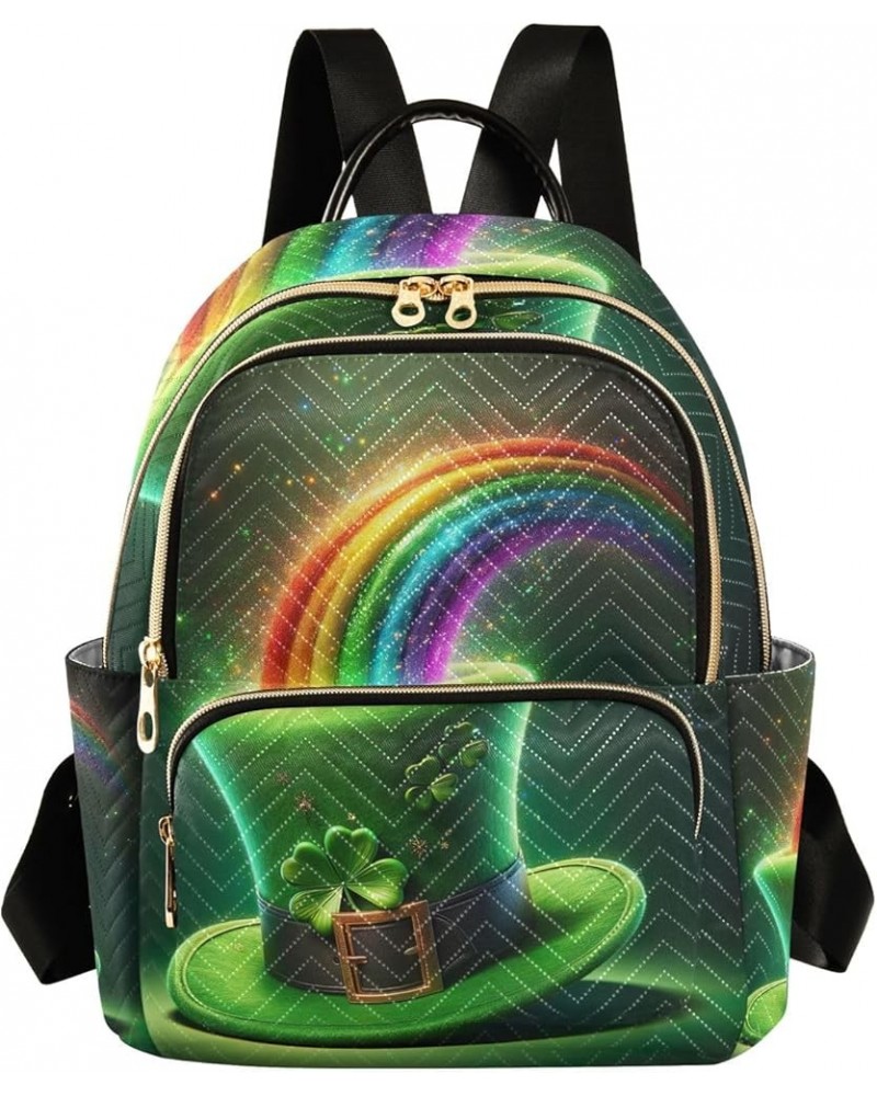 Quilted Backpack for Women Cartoon Walking Fox Trendy Backpack Travel Backpack with Luggage Strap St. Patrick's Day Rainbow S...